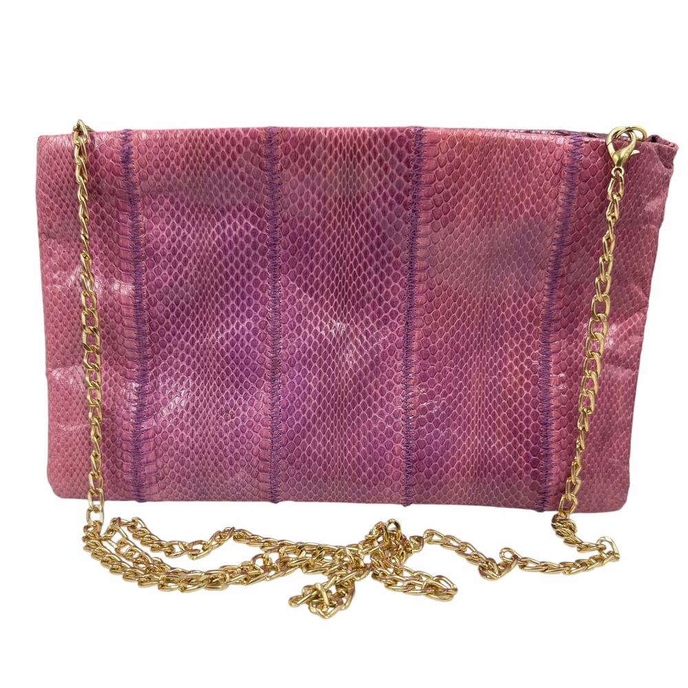 VTG 80s Clemente Genuine Snakeskin Clutch Shoulder Bag Pink Leather Gold Chain